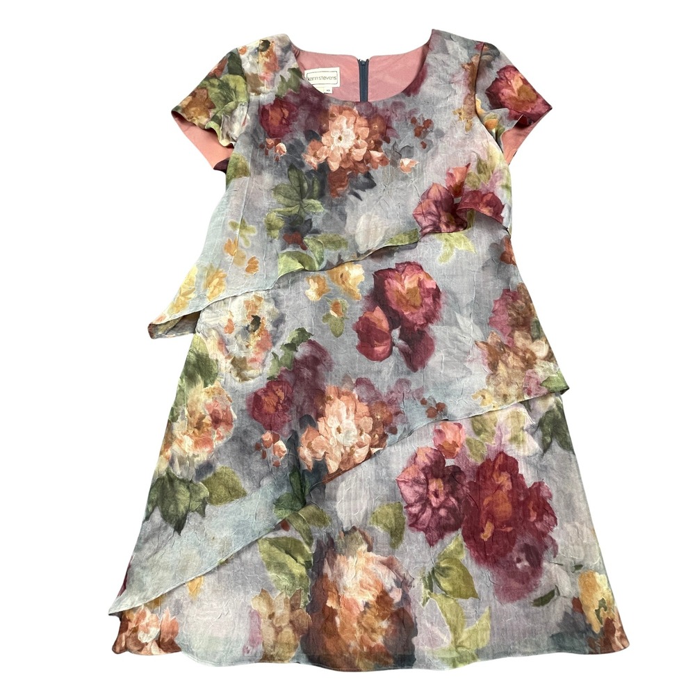 Vtg 90s Karin Stevens Womens S Chiffon Dress Gray Floral Ruffle Tiered Tag 10